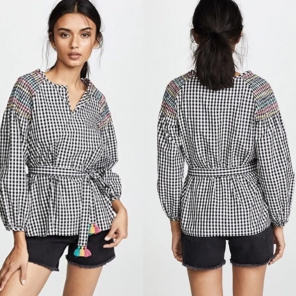 Madewell Smocked Black & White Checkered Gingham Tassel Top with Embroidery S - Image 2