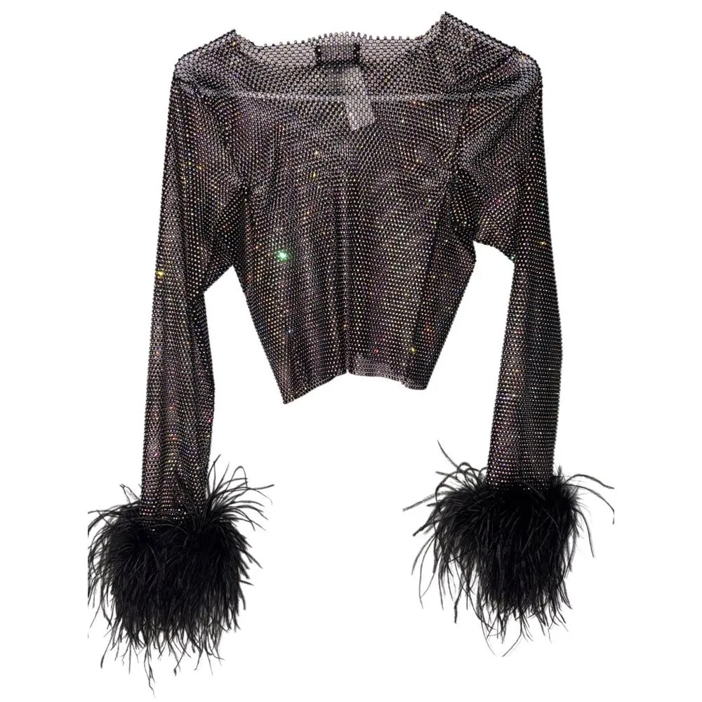 Santa Brands Feathers Top in Black XS/S New Womens Crystal Blouse - Image 6