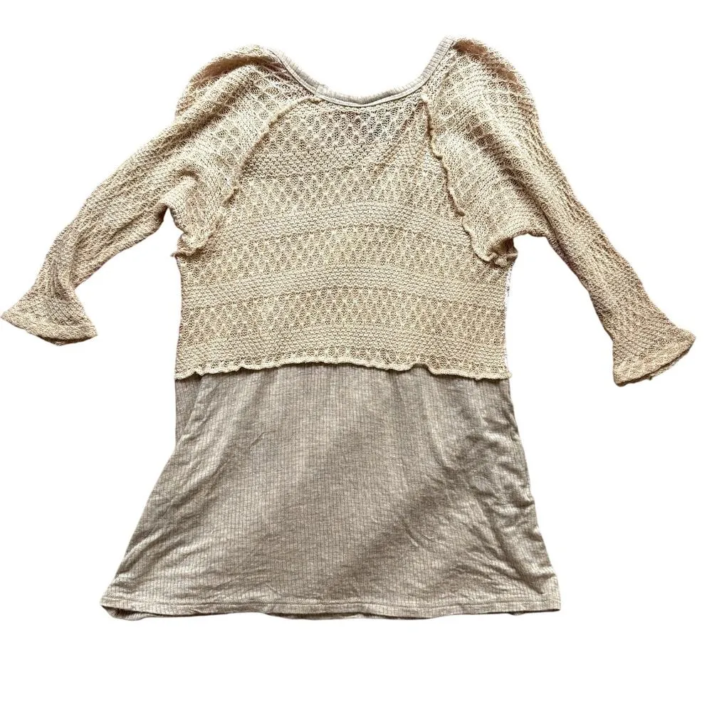 Beige Knit and Flowy Fleur de Lis Rhinestone Detail Top Women's Size XS - Image 2
