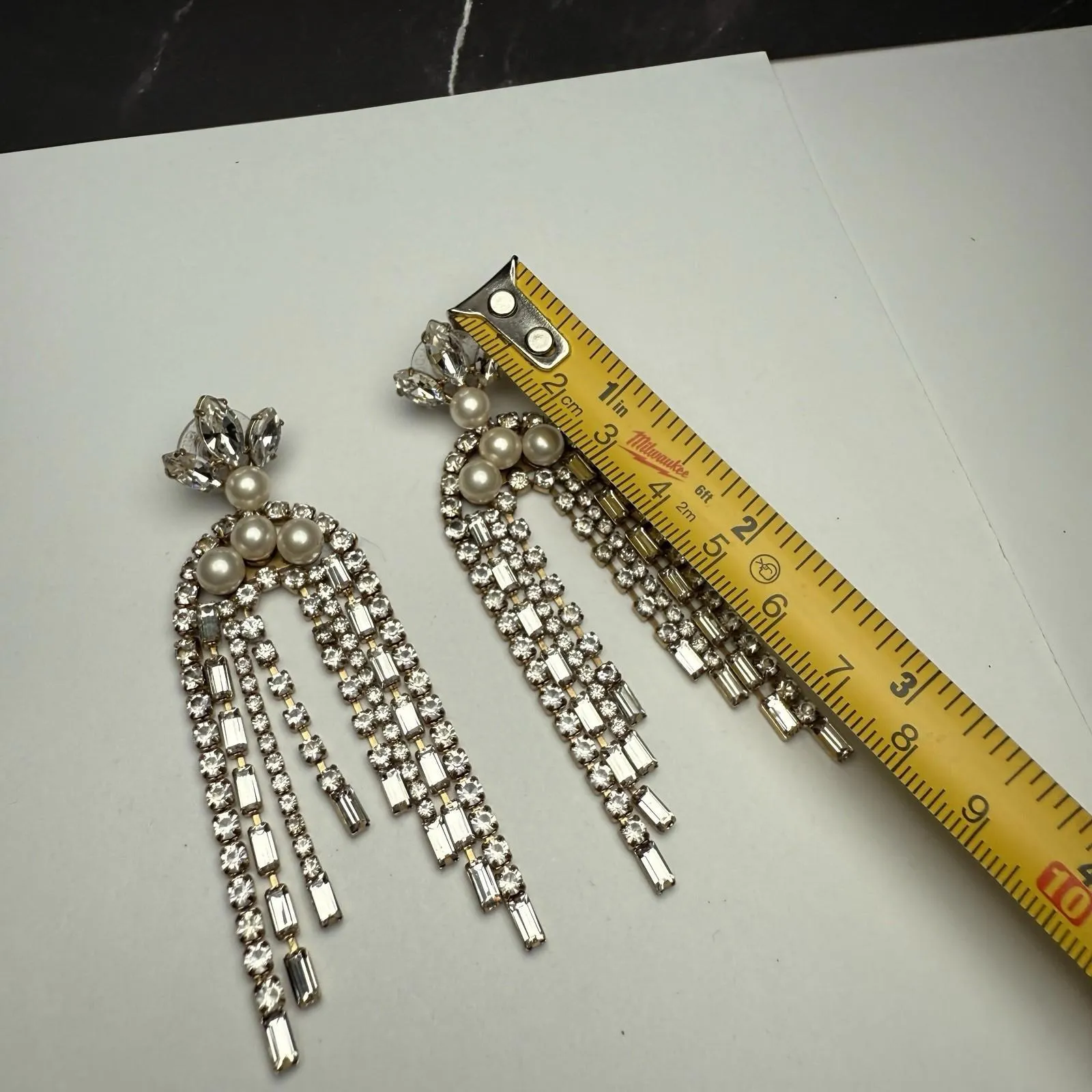 Stella & Dot Waterfall Chandelier Drop Pierced Earrings Rhinestone Faux Pearl - Image 2