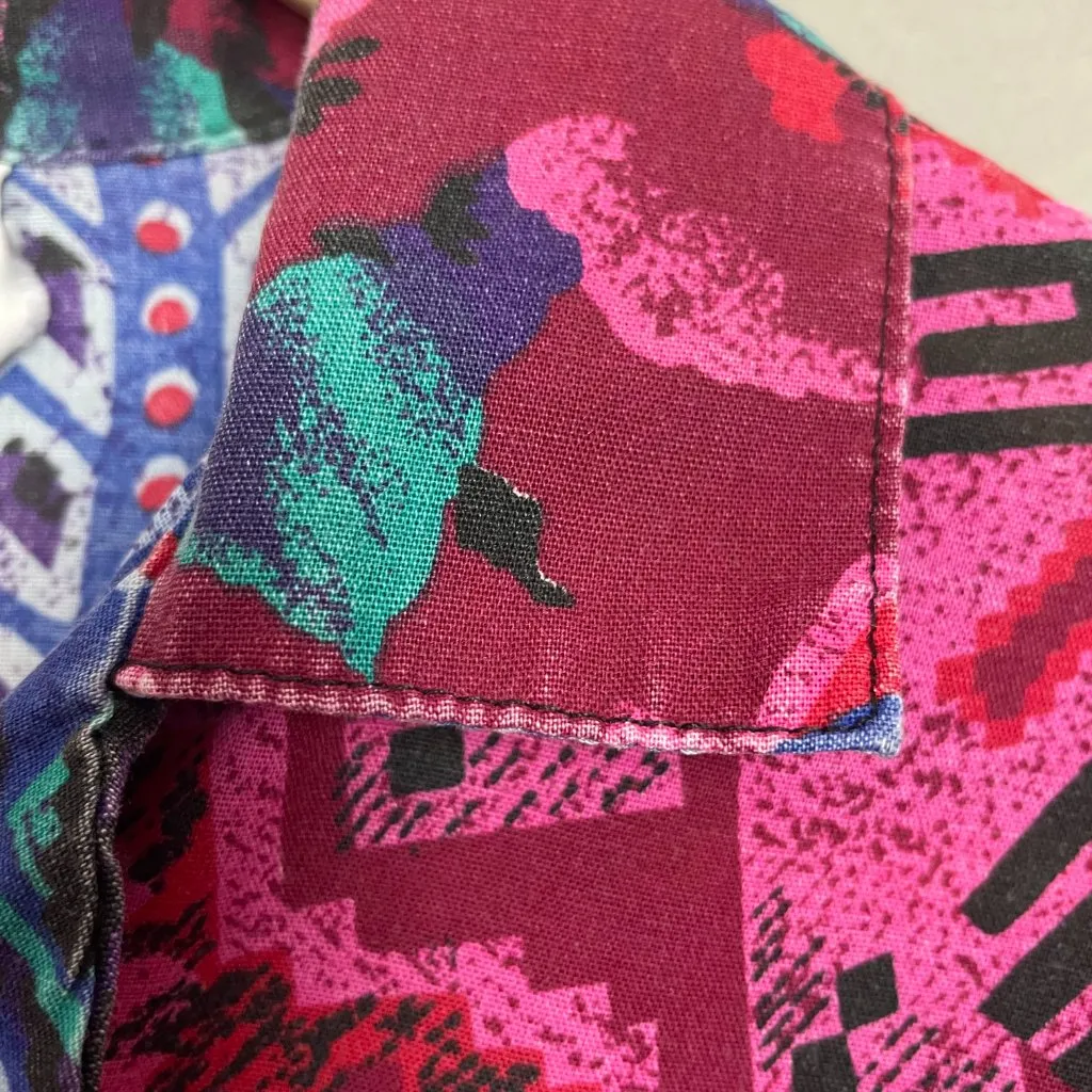 Vintage Floral Blouse Southwestern Eclectic Print Short Sleeve Women Vibrant Top Pink Size L - Image 11