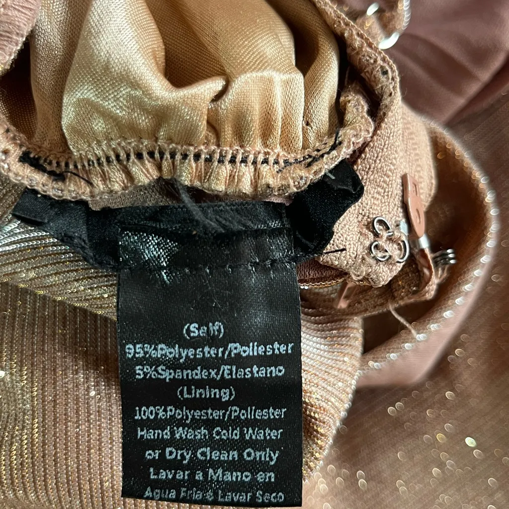 SYMPHONY WOMEN LONG ROSE GOLD FORMAL GLITTER DRESS WITH CRISS CROSS SPRAPS SZ LG - Image 7