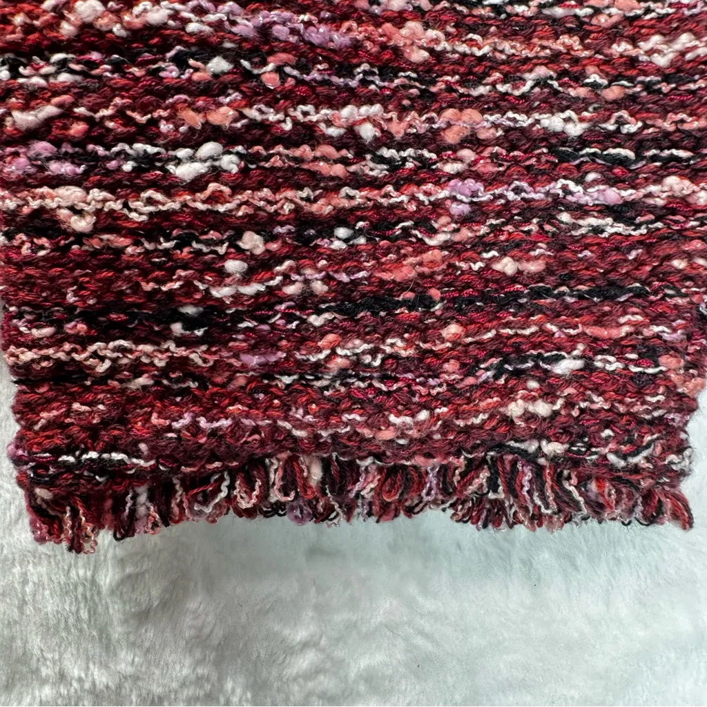 Chico’s Multicolored Maroon Pink Tweed Woven Blazer Cardigan Sweater Fringe Trim - Image 4