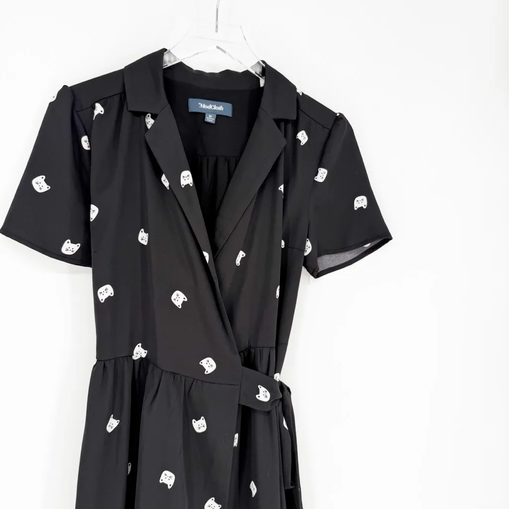 ModCloth Cat Print Wrap Midi Dress M Black - Image 4