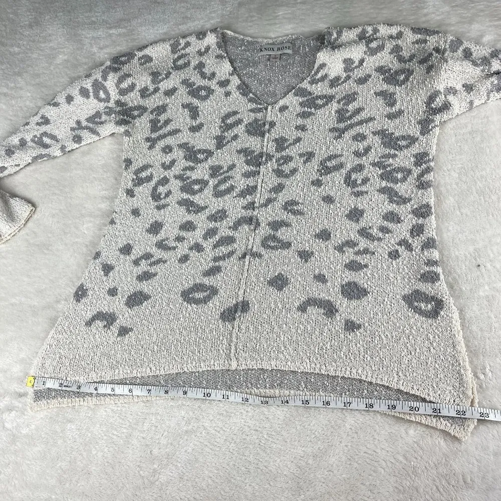 Knox Rose Leopard Print Knit Sweater Womens Size S Off White Gray V Neck Side Sp - Image 10