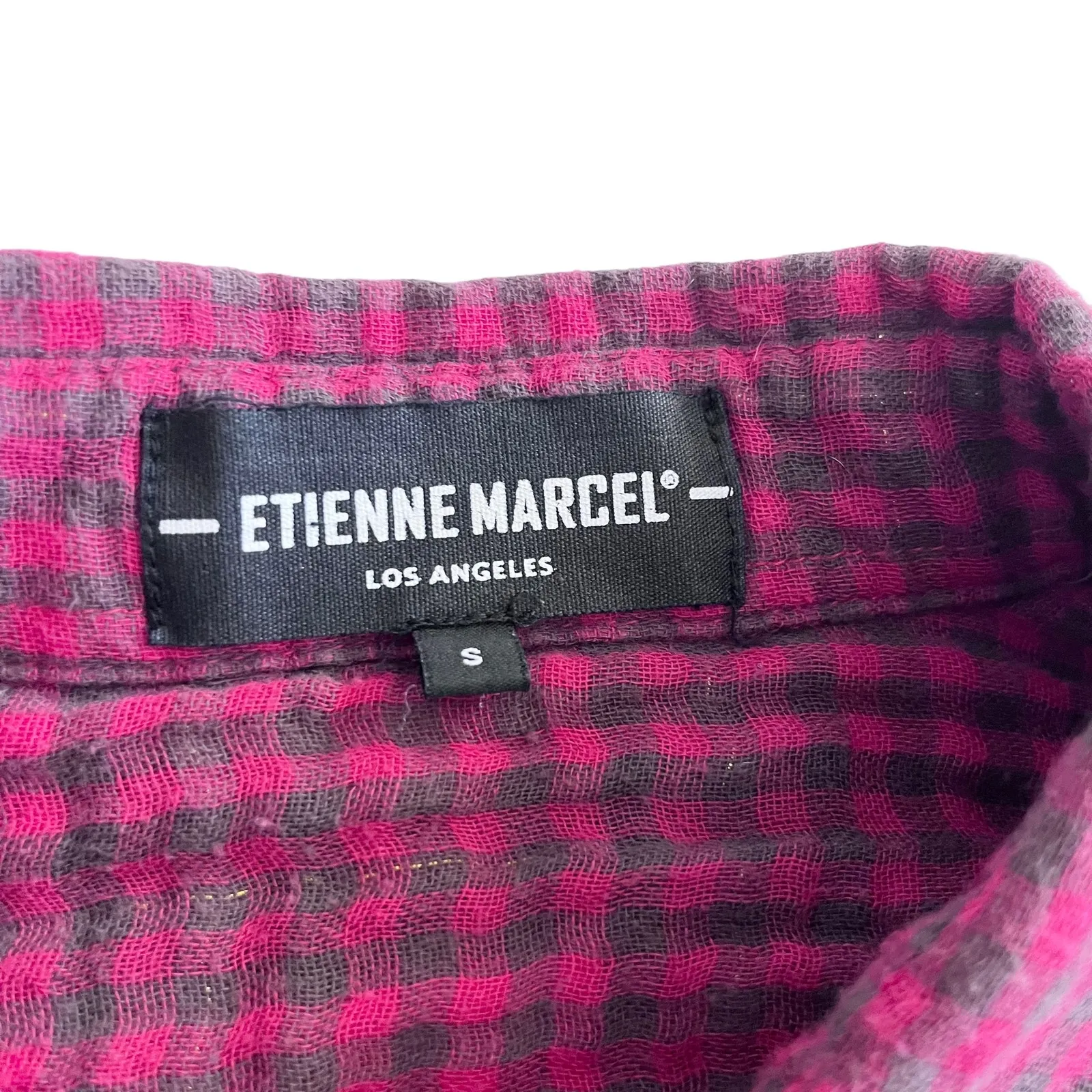 Etienne Marcel Greta Red Plaid Muslin Cotton Button Up Shirt Frayed Hem Small - Image 10