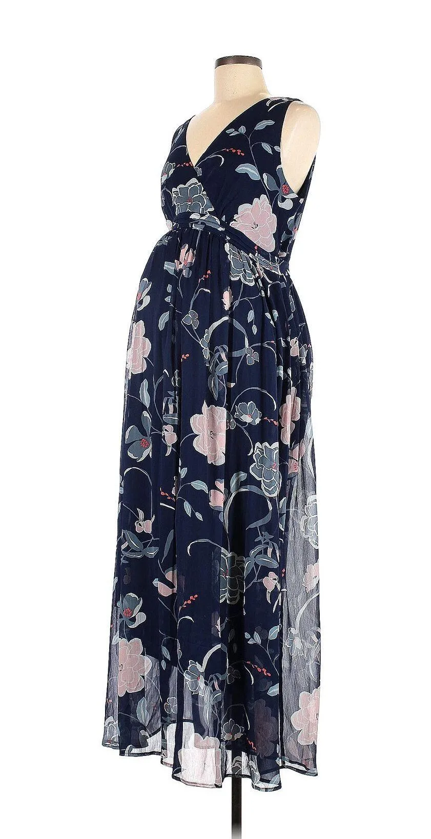 Navy Floral Chiffon Maxi Dress w/ Surplice Pin-tuck Waist - Image 10