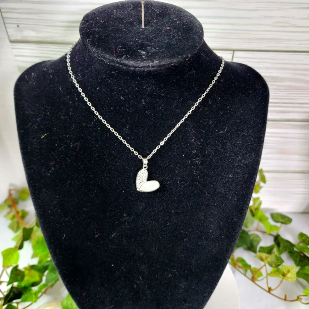 Silver Chain Necklace with Micro Pave and Shell Heart Pendant - Image 2