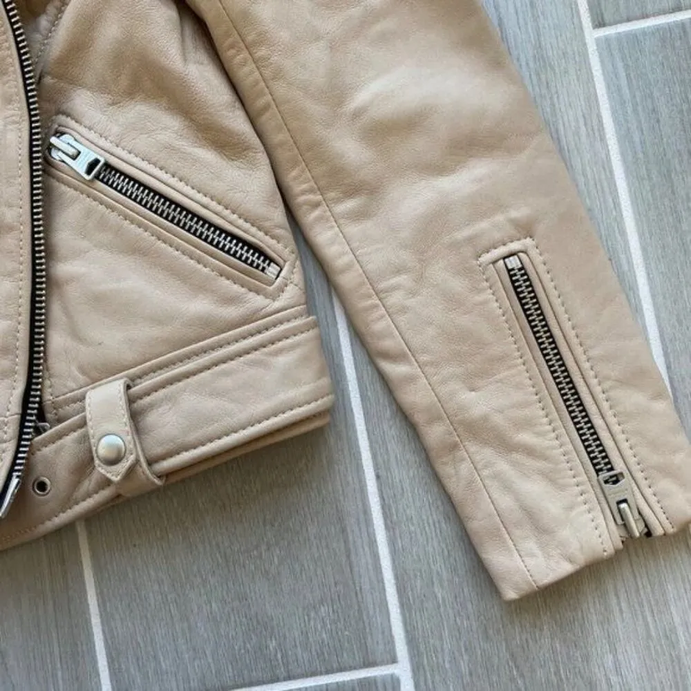 NWT All Saints Cole Biker Leather Jacket Sand Brown Sz 8 - Image 5