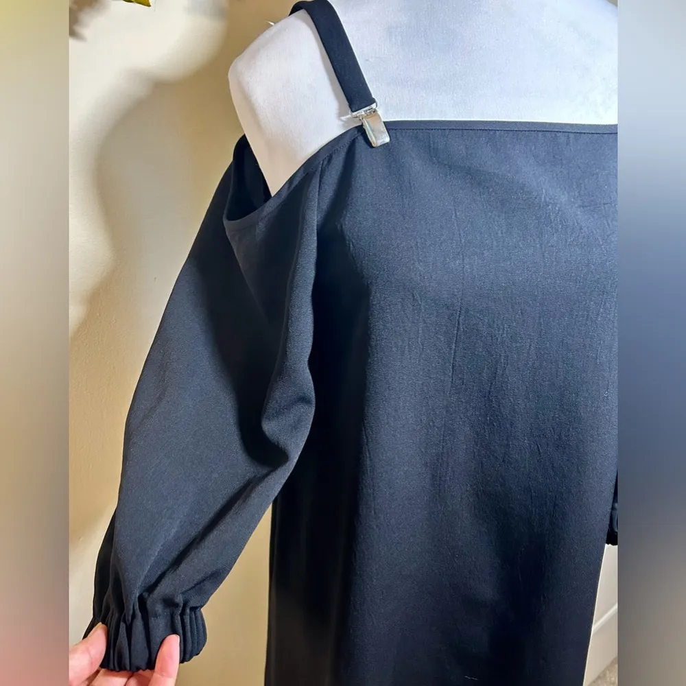 TIBI Cold Shoulder Suspender Drape Twill Black Mini Shift Dress Sz 0 - Image 4