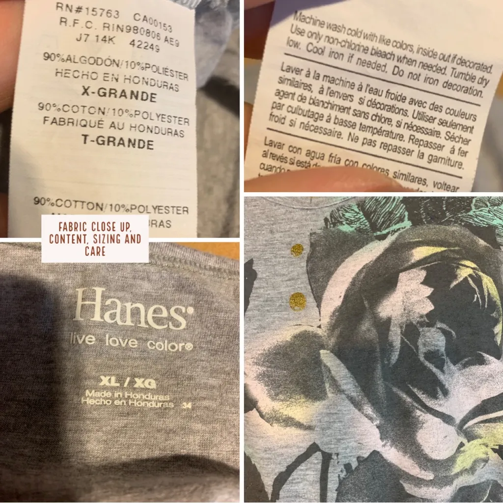 HANES GRAY AND PINK FLORAL PRINT W/GLITTER ACCENTS TEE SHIRT (XL) - Image 7