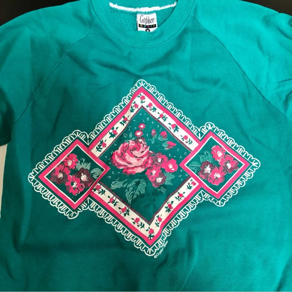 Vintage 90s Gopher Sport Granny Sweatshirt Cottagecore Diamond Roses Teal Green - Image 2