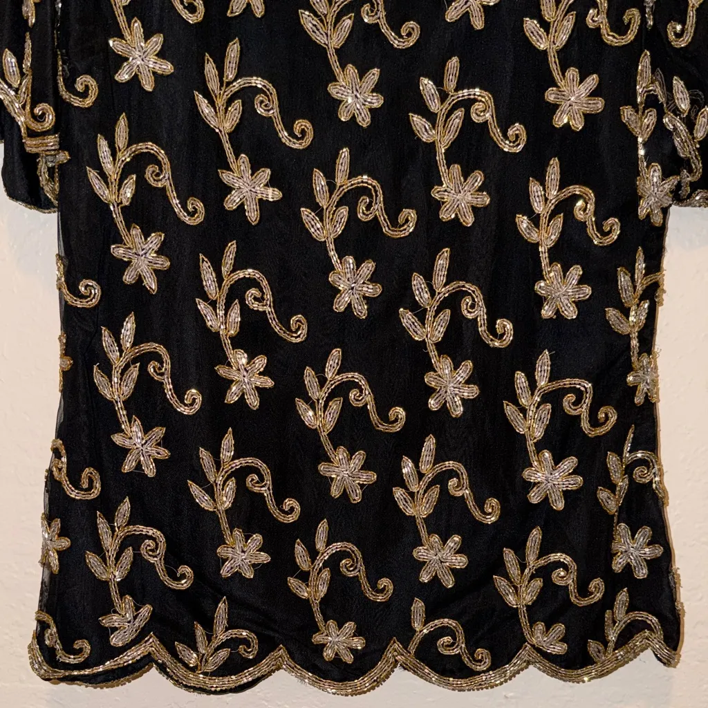 Vintage Stenay Black Silk Top with Gold Floral Beaded Embroidery 100% silk Size M - Image 5