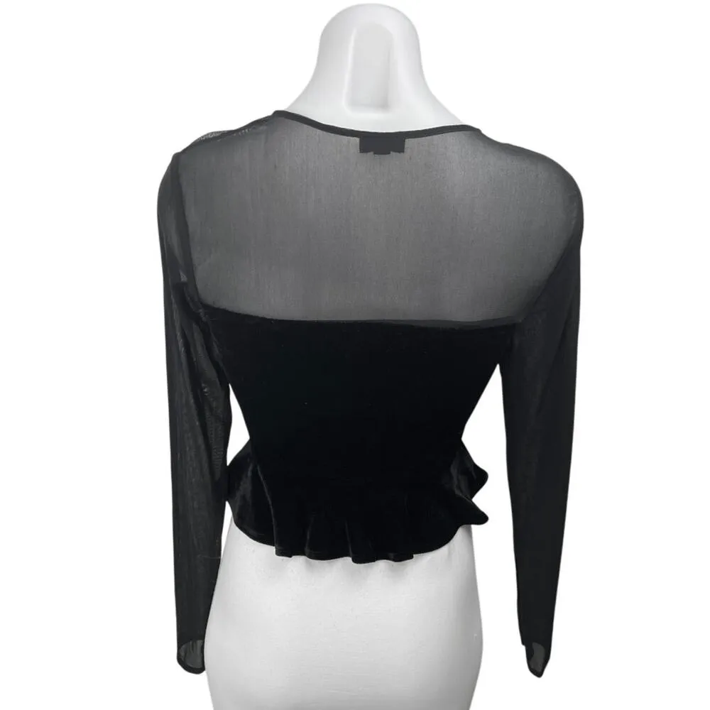 NBD Black Mesh Velour Velvet Long Sleeve Lace Up Crop Peplum Blouse Top Size S - Image 2
