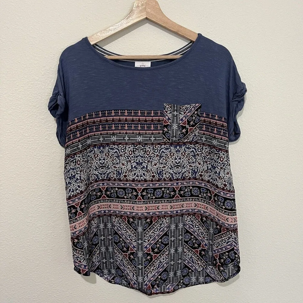 Knox Rose Printed Mixed Media Top Size S ‎Small Pocket Multicolor Western Boho - Image 2