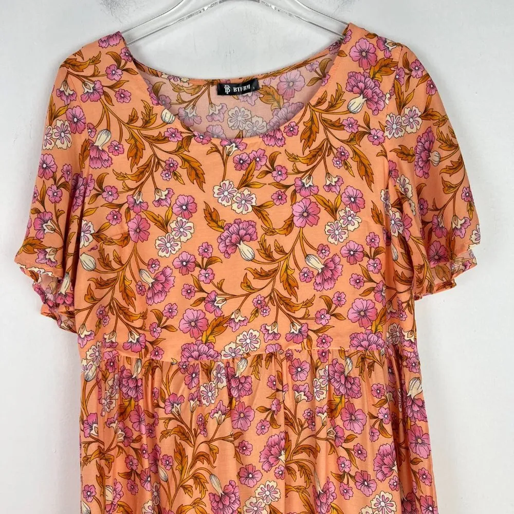 NWT  Floral Tiered Boho Dress Orange Short Sleeves Size Small S NEW T1724 - Image 3