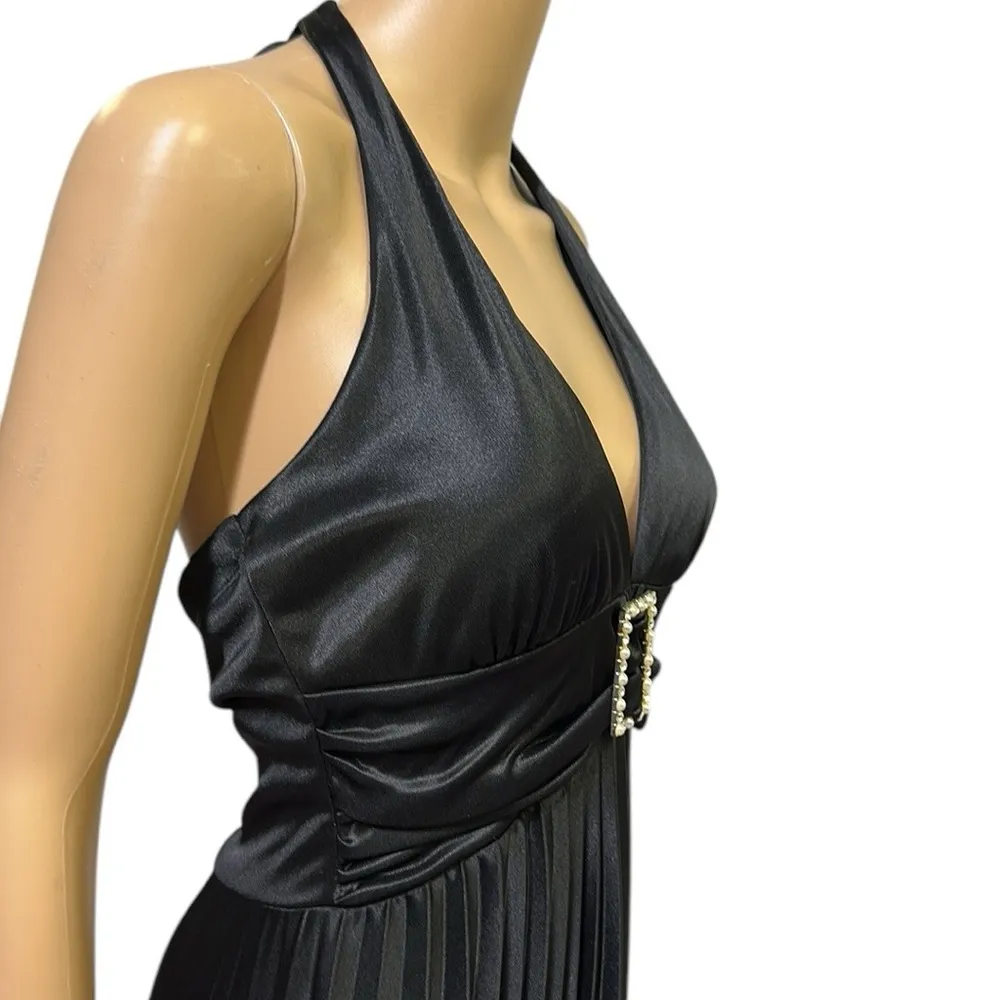 Speechless Black Pleated Satin Look Empire Waist Halter Dress Womens Medium - Image 6