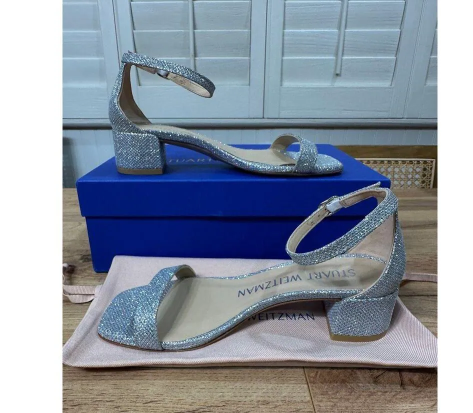 Stuart Weitzman Nudistcurve 35 Block Sandal Heels Silver Size 6 US 36.5 US NIB - Image 8