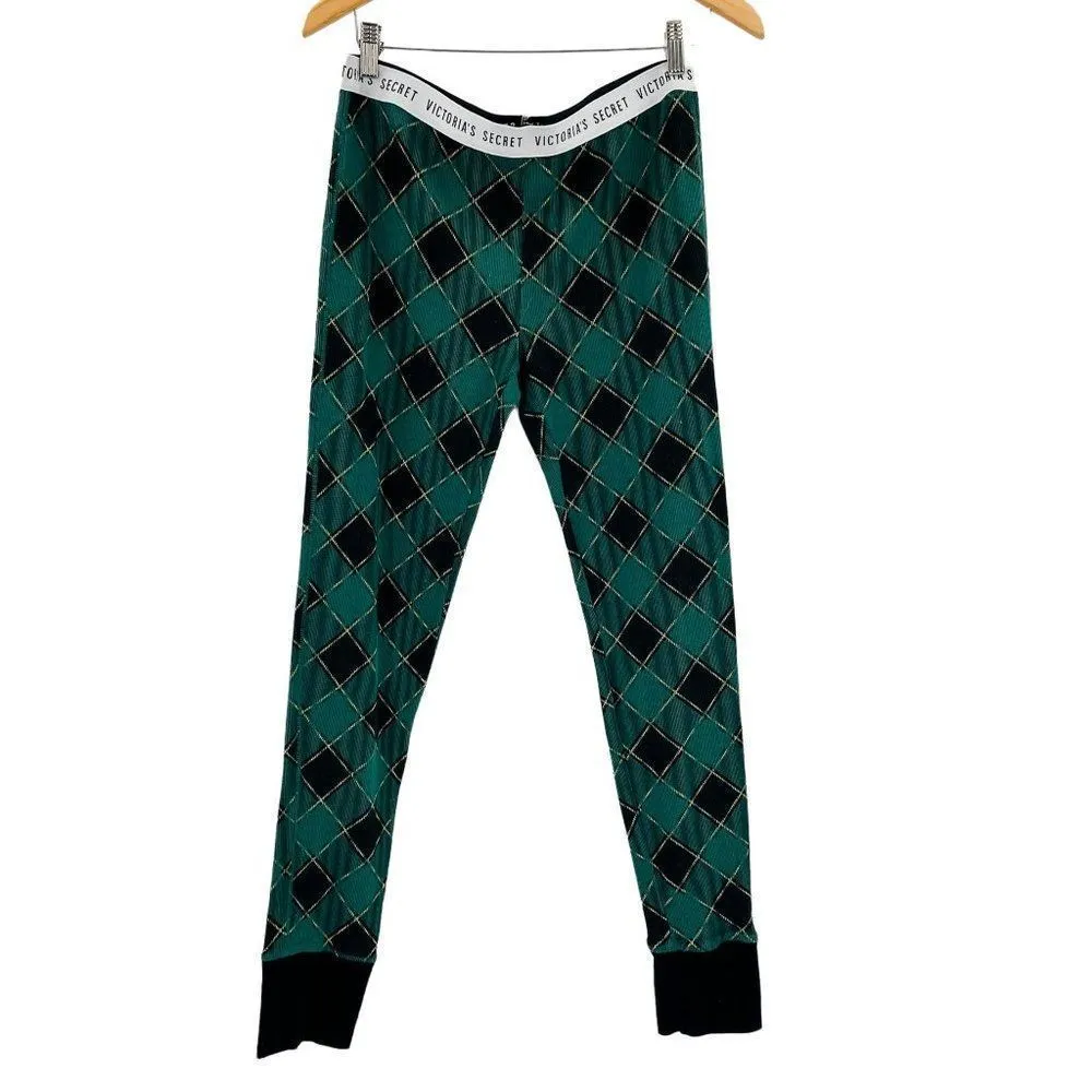 Victoria's Secret Plaid Green Gold Black Pajama Thermal Leggings Pants Medium - Image 2