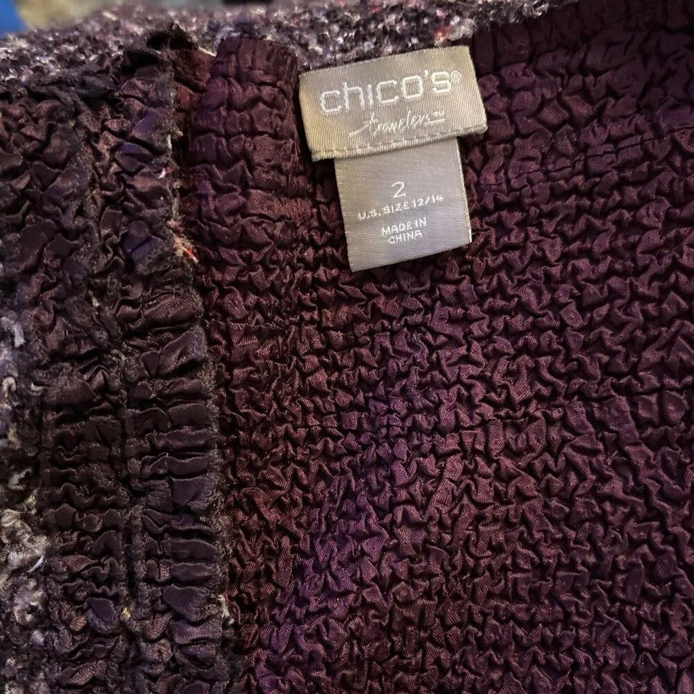 Chicos Travelers Size 2 US L 12 14 Textured Jacket Open Front Purple Plum - Image 3