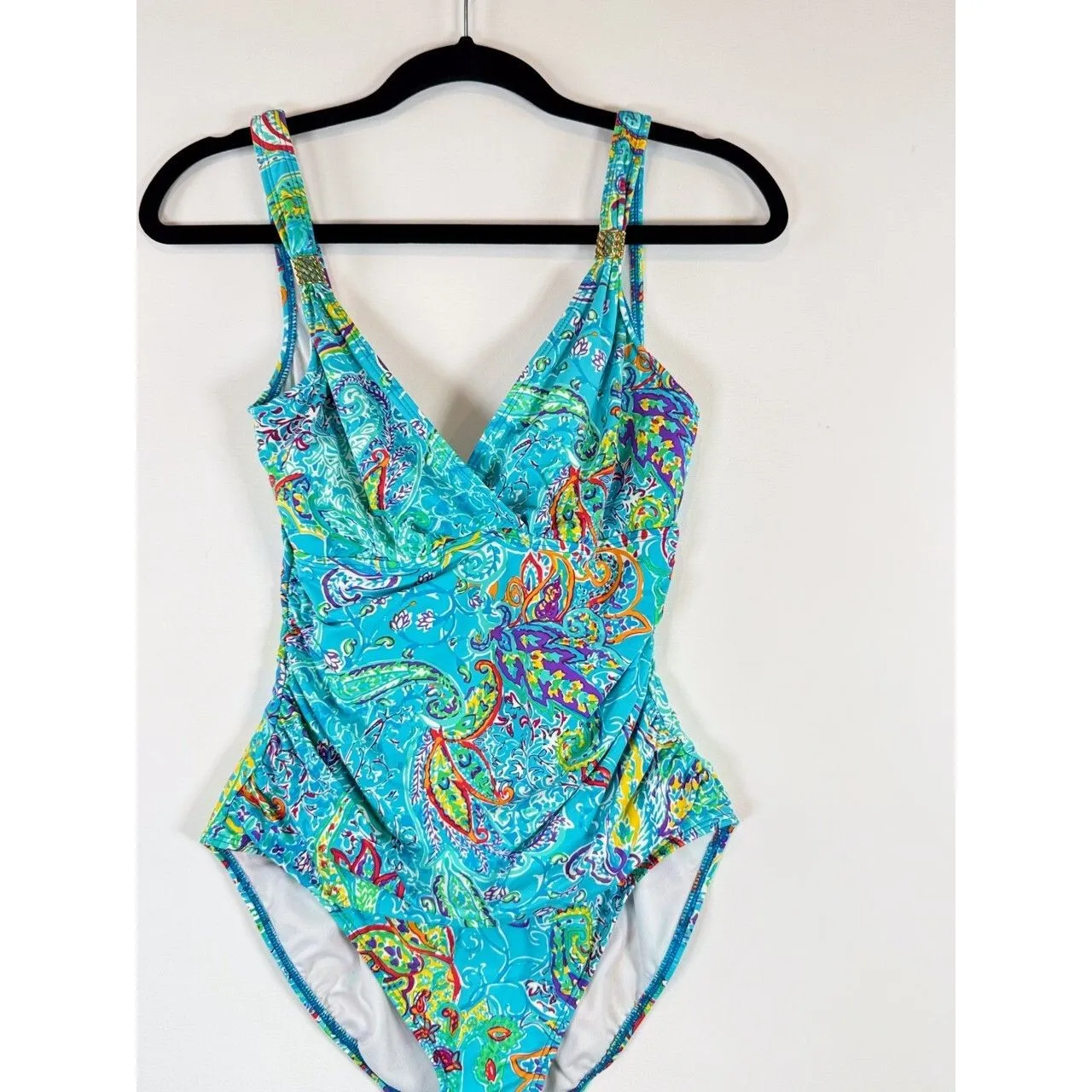 LRL Ralph Lauren Womens Swimsuit Blue Floral Paisley V Neck One Piece Boho M - Image 4
