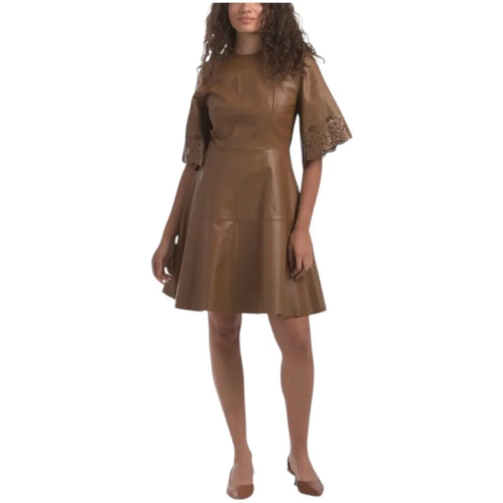 Pearl by Lela Rose Lamb brown Leather Mini Dress NEW Size 4 - Image 3