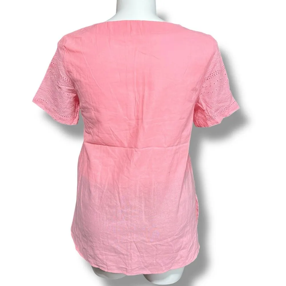 Boutique Womens Blouse Top Short Sleeve Eyelet Button Accent Cotton Pink XL - Image 3