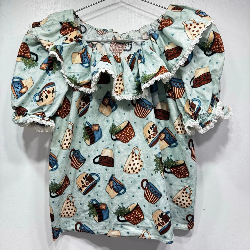 Vintage Handmade Skirt and Shirt Set Whimsical Teacups Polka Dots Ruffles Lace Green Size M - Image 6