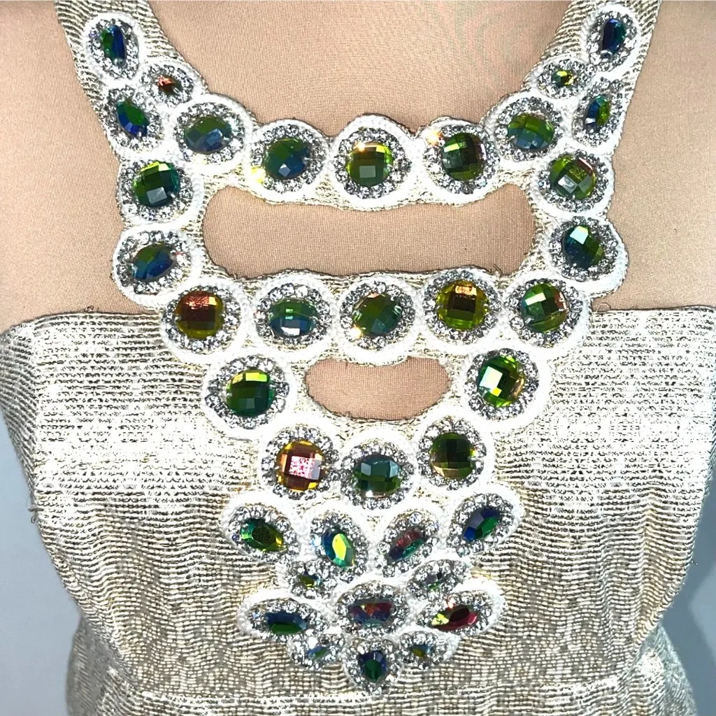 Shoshanna Shimmery Gold Cocktail Dress Jewel Trimmed Neck Size 2 Party Black Tie - Image 3