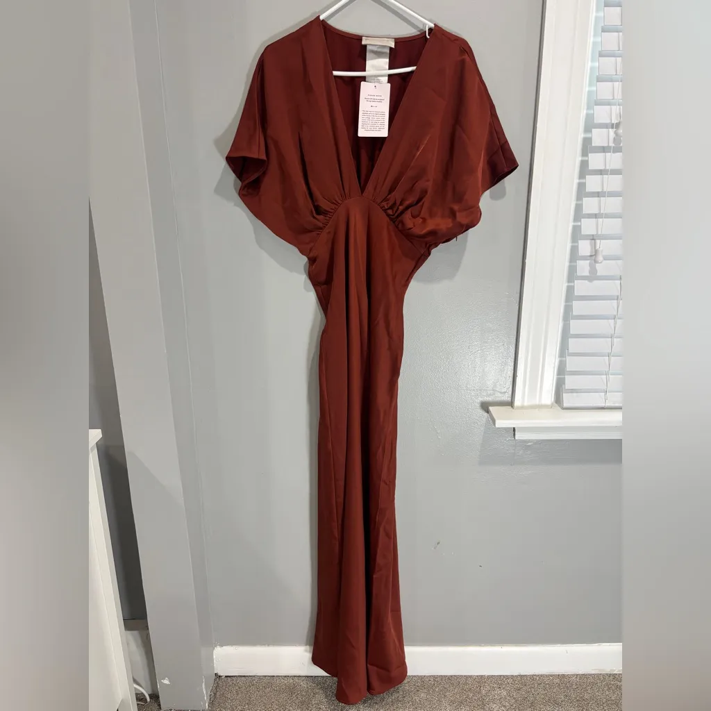 NWT Anthropologie BHLDN Women Leila Deep V Neck Flutter-Sleeve Satin Rust Gown 4 - Image 13