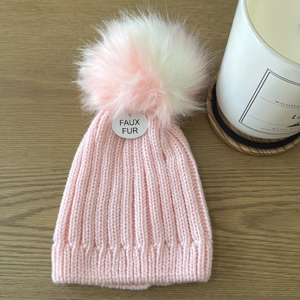 Lovr 2 Design Knit Beanie with Faux Fur Pom Pink - Image 3