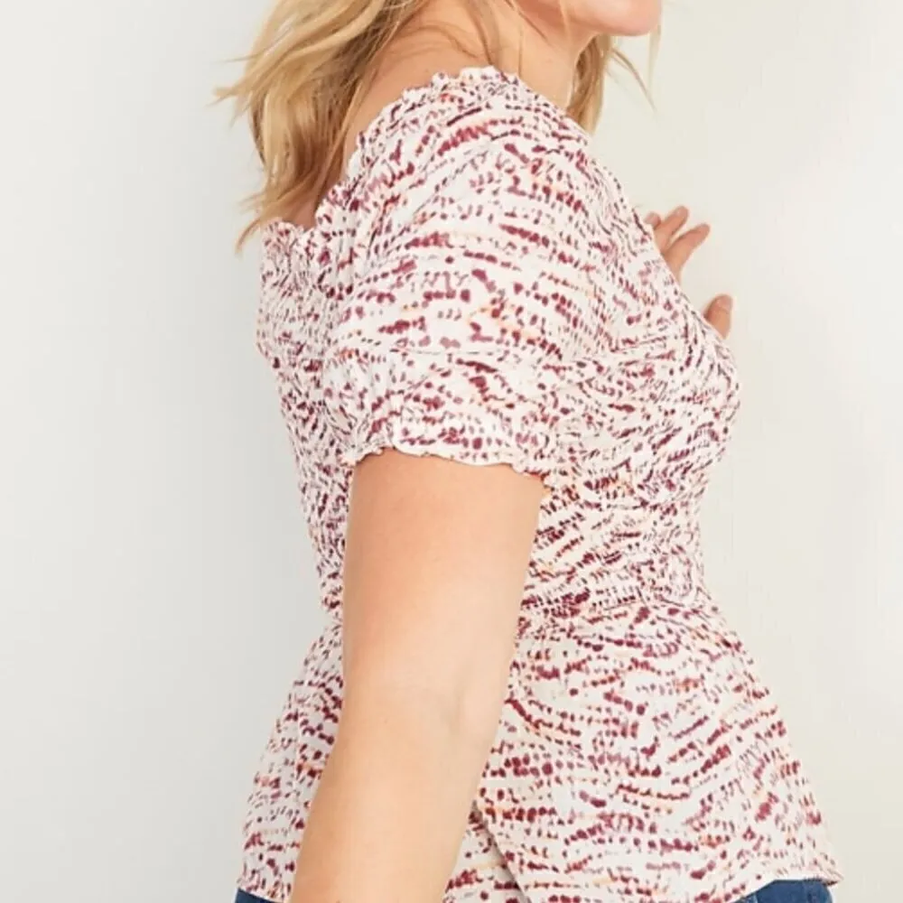 NEW NWT OLD NAVY Smocked Bodice Tie Dye Top Cream Beige Burgundy Short Sleeve M - Image 3