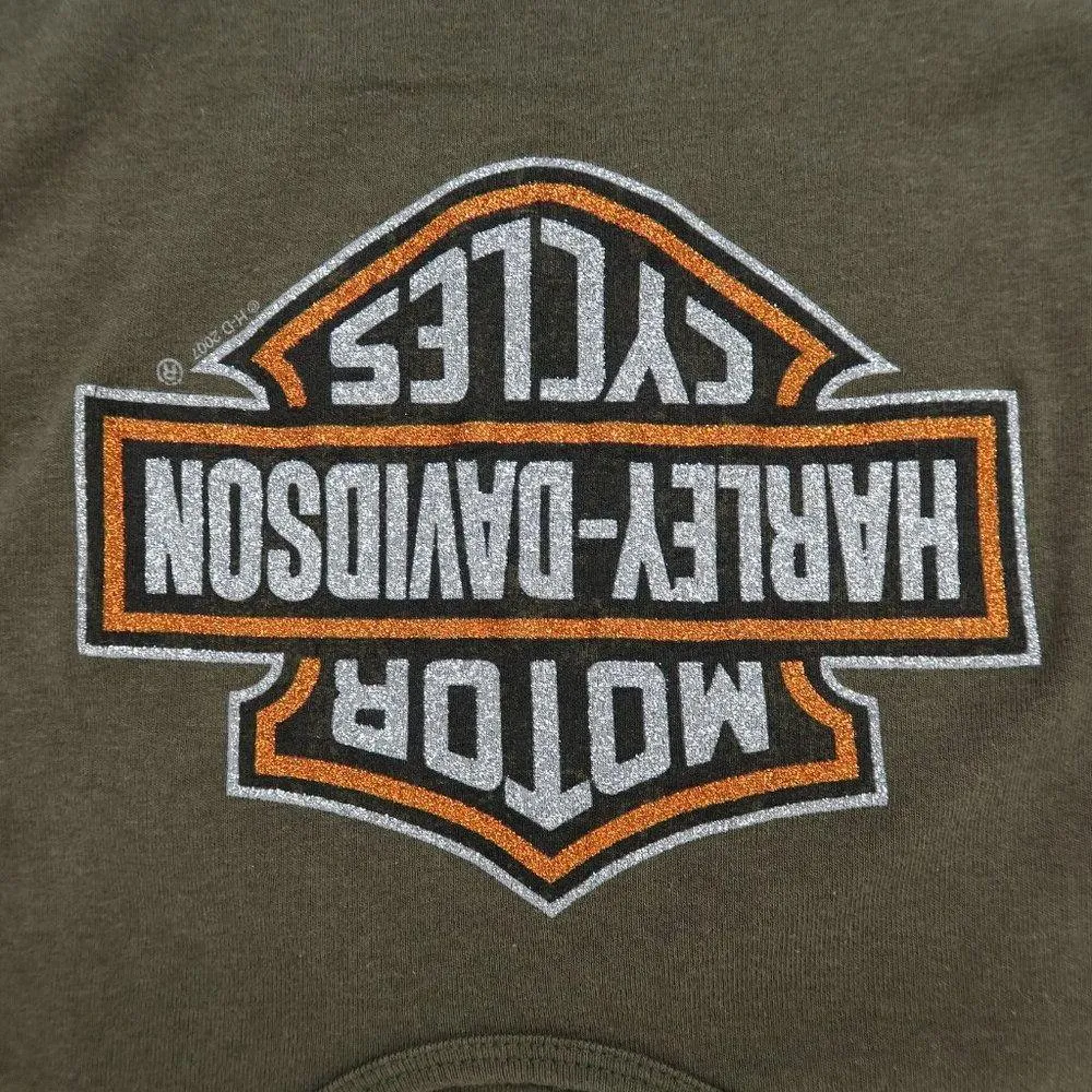 Y2K 2007 Harley Davidson Army Green Sparkly Logo Tank Top - Image 5