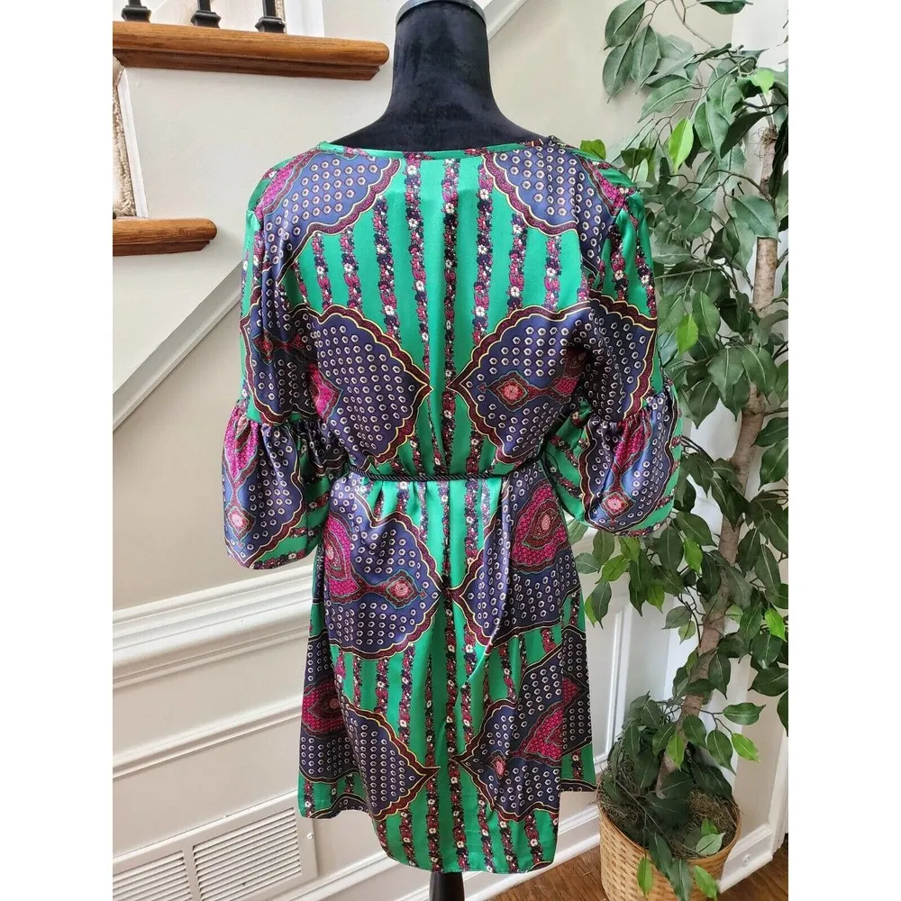 Single Dress Multicolor 100% Silk Long Sleeve Cord Waist Tie Knee Length Dress S - Image 9