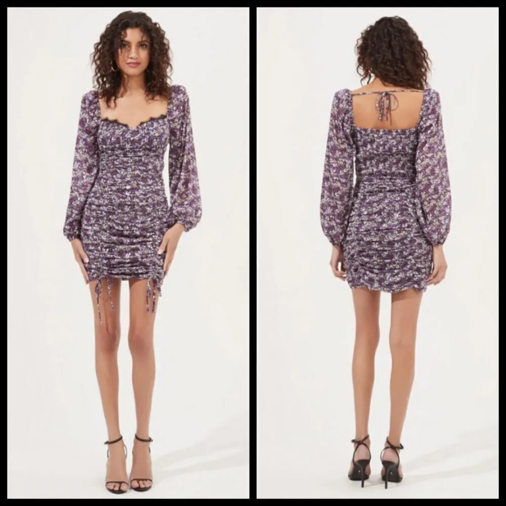 💕ASTR💕 Mardi Lace Trimmed Floral Ruched Mini Dress Purple Floral Large NWOT - Image 3