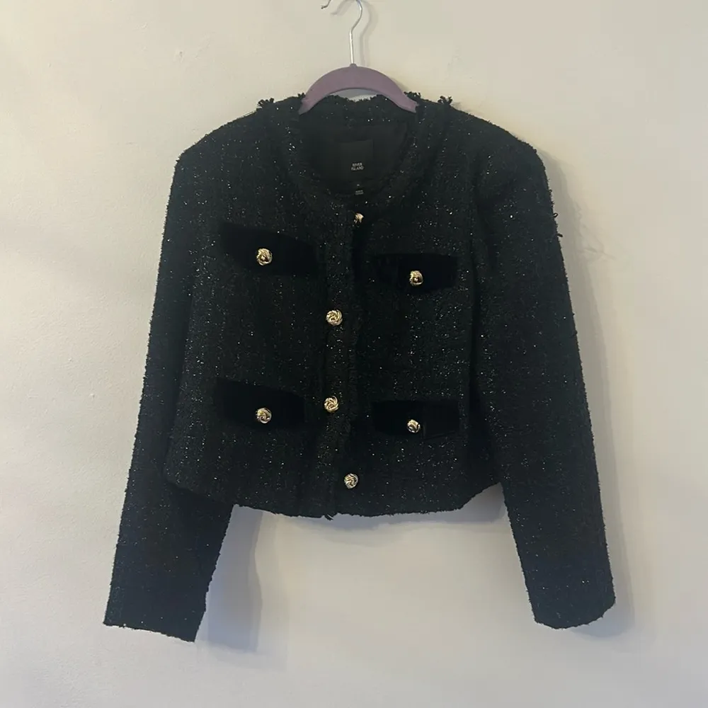 River Island Black Button Front Tweed Boucle Blazer Jacket Size 12 - Image 5
