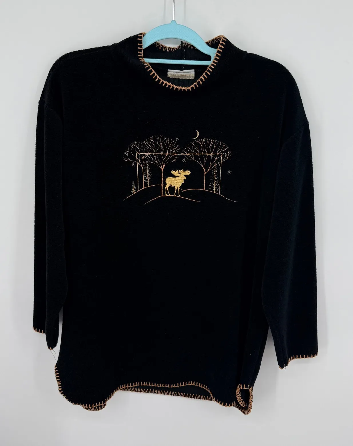 Vtg Coldwater Creek Blk Embroidered Moose Is Loose Mockneck Chenille Sweatshirt - Image 1
