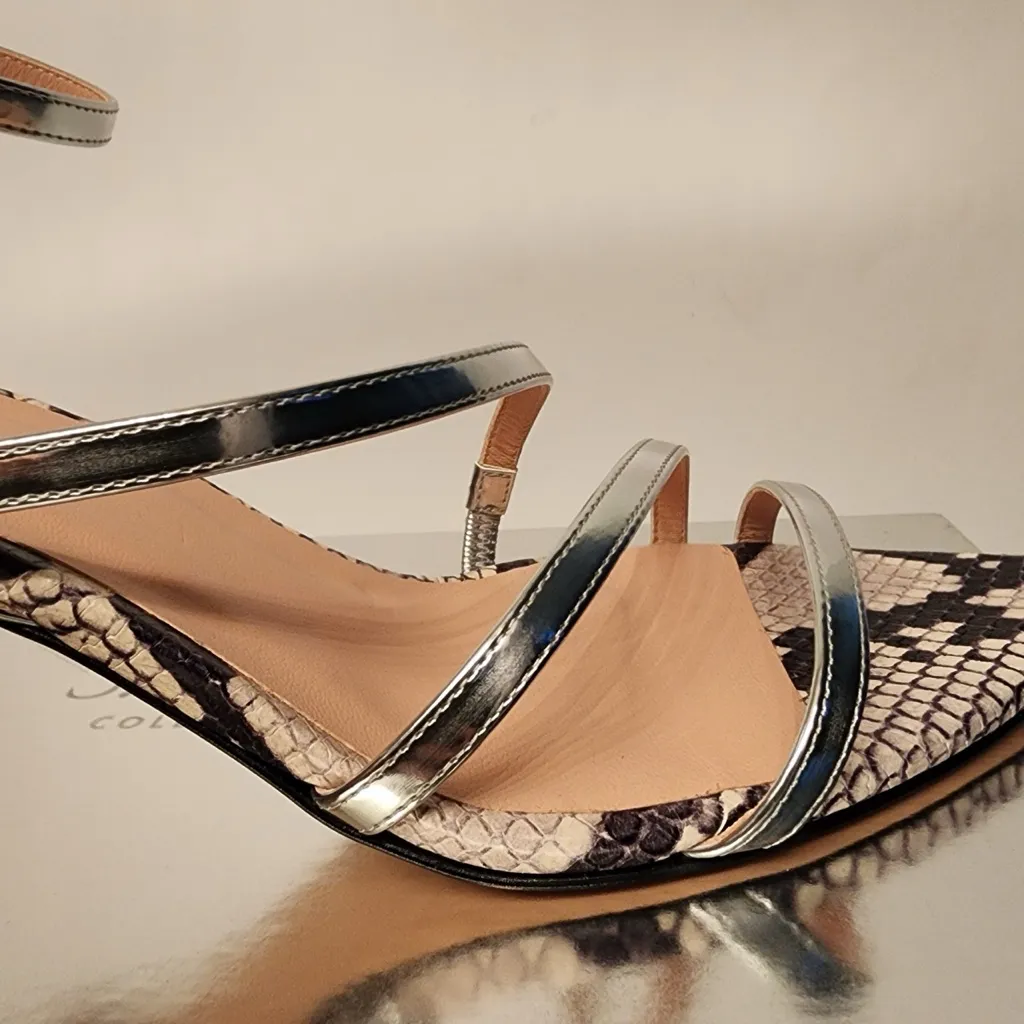 J. Crew Made-in-Italy Curved Heel Sandals Metallic Leather Snake Print Size 9.5 - Image 7