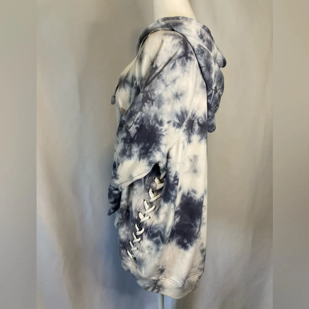 Blue Gray White Tie Dye Hooded Sweatshirt XL Laced Up Side American Star Y2K - Image 6