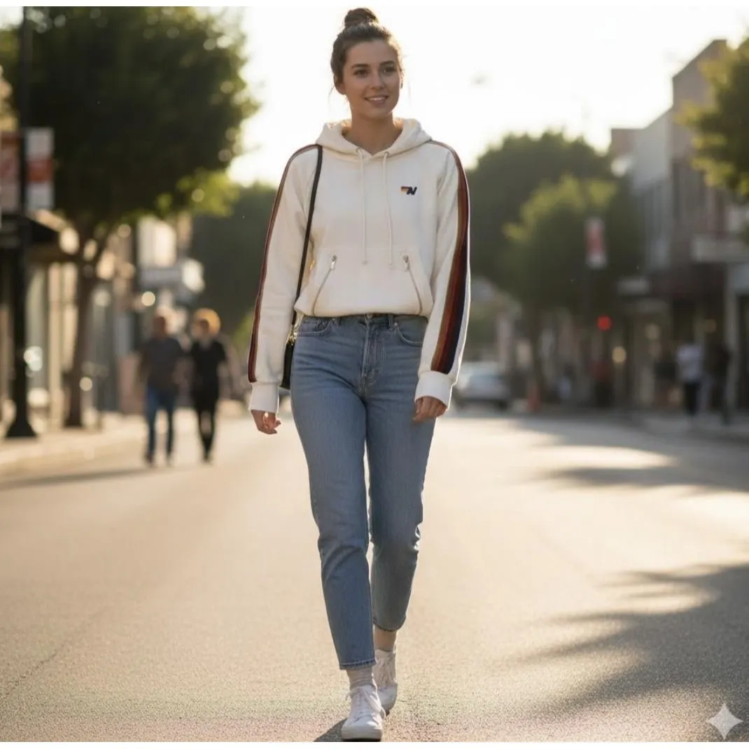 Aviator Nation Hoodie Womens XS Biege 5 Stripe Velour Pullover Zip Pockets USA - Image 8