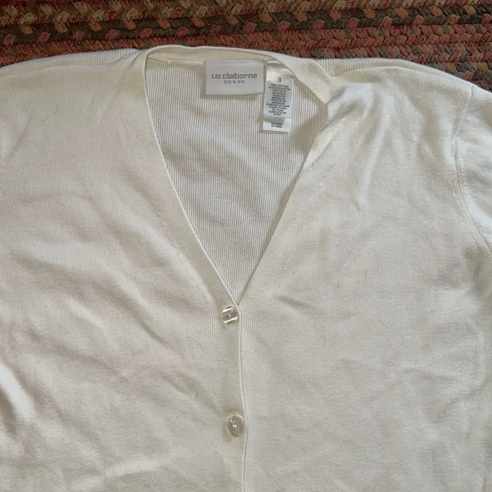 LIZ CLAIBORNE WHITE RIBBED NAUTICAL NAVY STRIPE BUTTON UP CARDIGAN PREPPY GOLF - Image 3