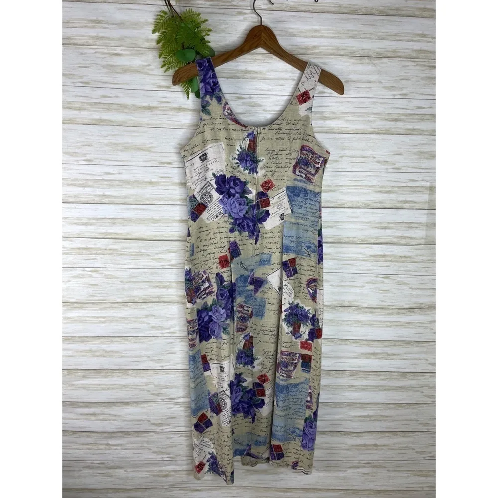 Vintage Quirky Roses and Postcards Print Linen Blend Sleeveless Dress Purple Size M - Image 2