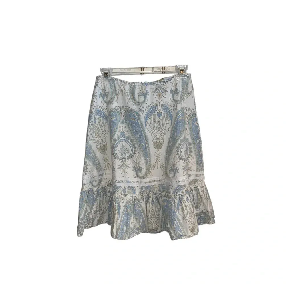 Y2k split cotton Flirty light blue paisley skirt ruffle hem ribbon Trim detail Size M - Image 2