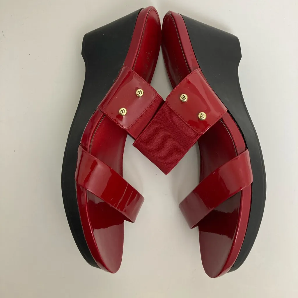 Lauren Ralph Lauren Rihanna Red Patent Leather Platform Wedge Slip on Sandals Size 8 - Image 5