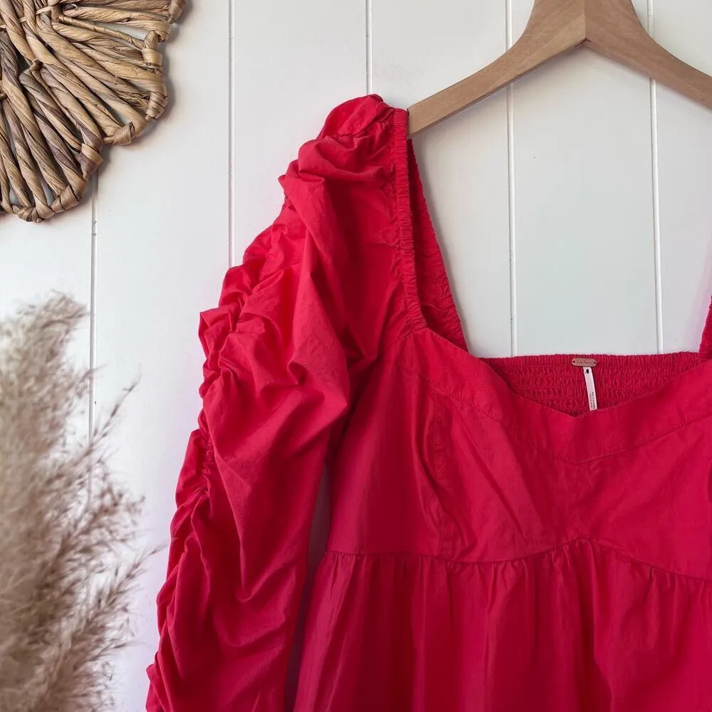 Free People mini dress babydoll dress cotton puff sleeves ruched pleated - Image 2