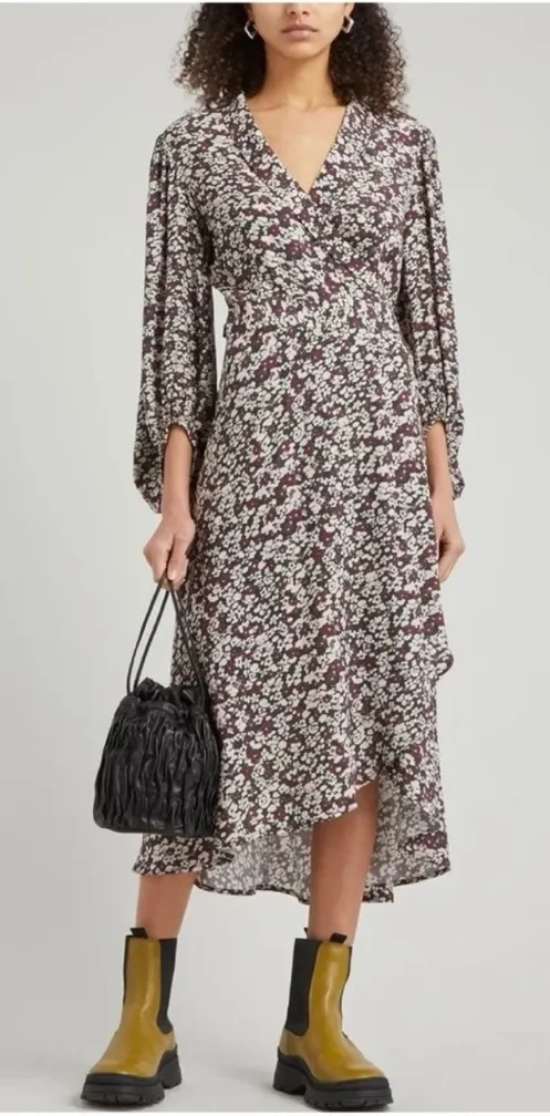 GANNI Printed Crepe Wrap Midi Dress, Red, FR36 - Image 1