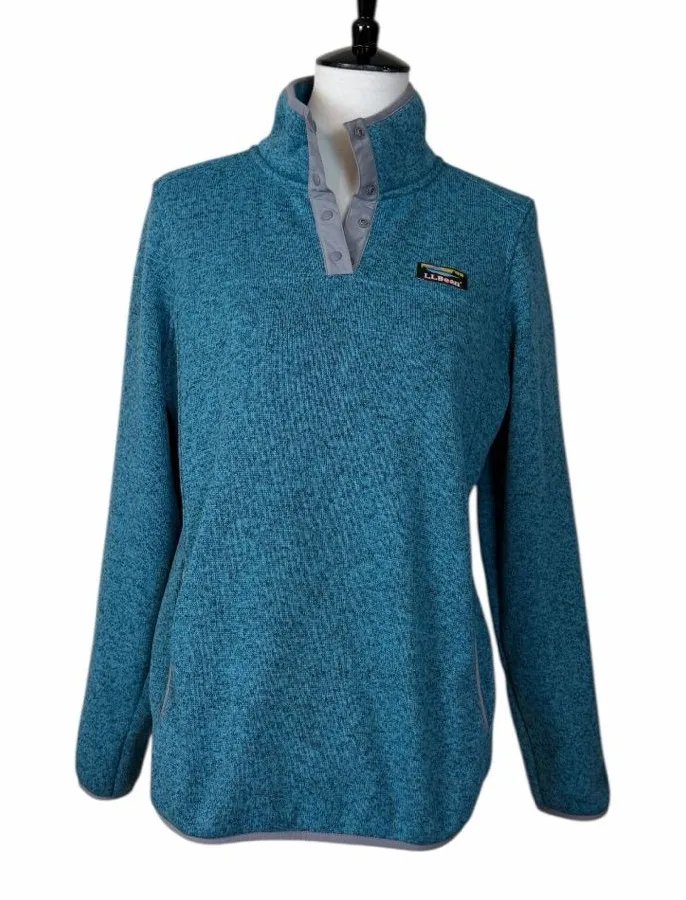 L.L.Bean Fleece Knit Pullover Quarter Snap Sweater Size Medium Teal Gray Heather Blue - Image 1