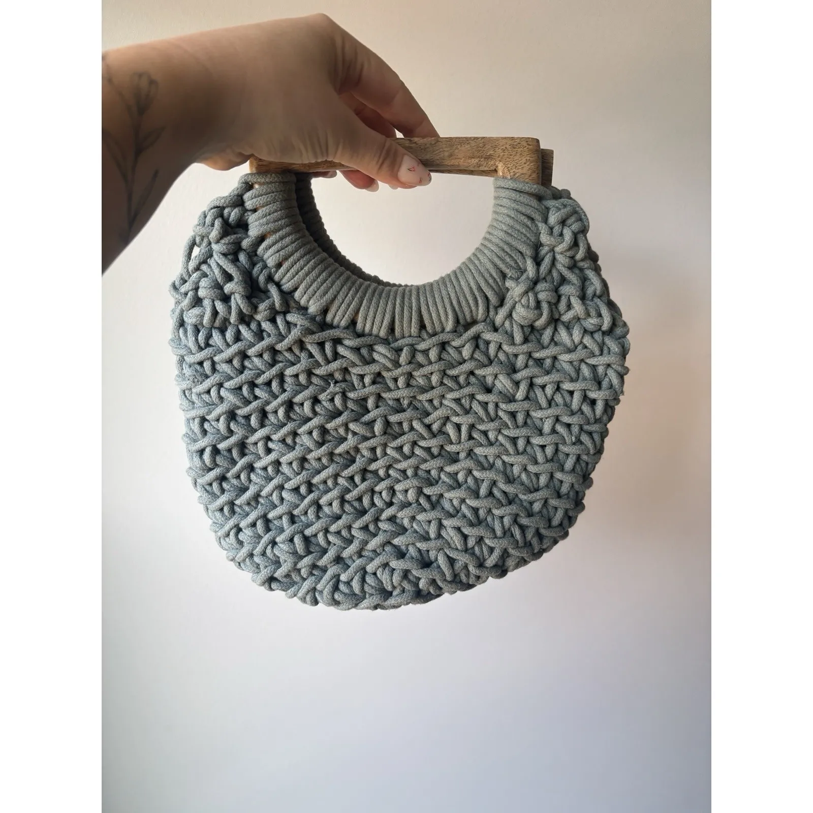 A New Day Dusty Blue Teal Rope Knit Purse Clutch Boho‎ Wooden Handle - Image 2