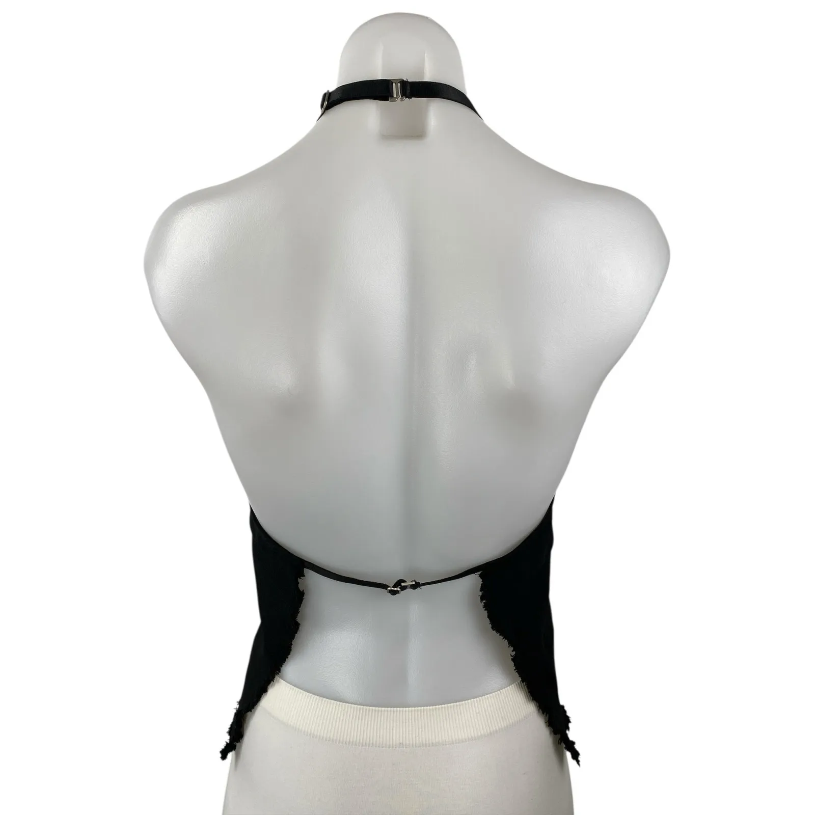 With Jean Women's Black Halter Open Back Sleeveless Frayed Raw Hem Blouse Top S - Image 2