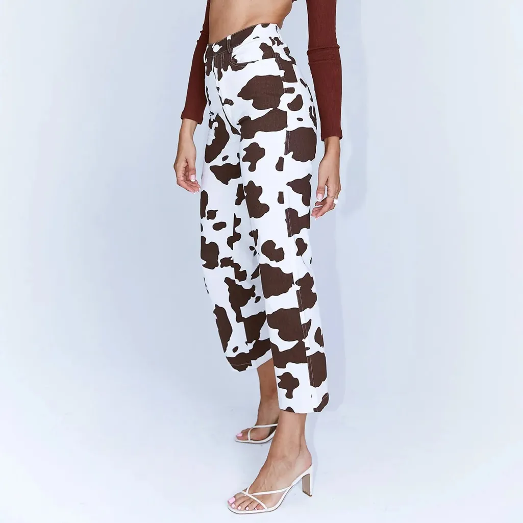 Princess Polly Be Wild Pants White and Brown Cow Print Size 2 - Image 2